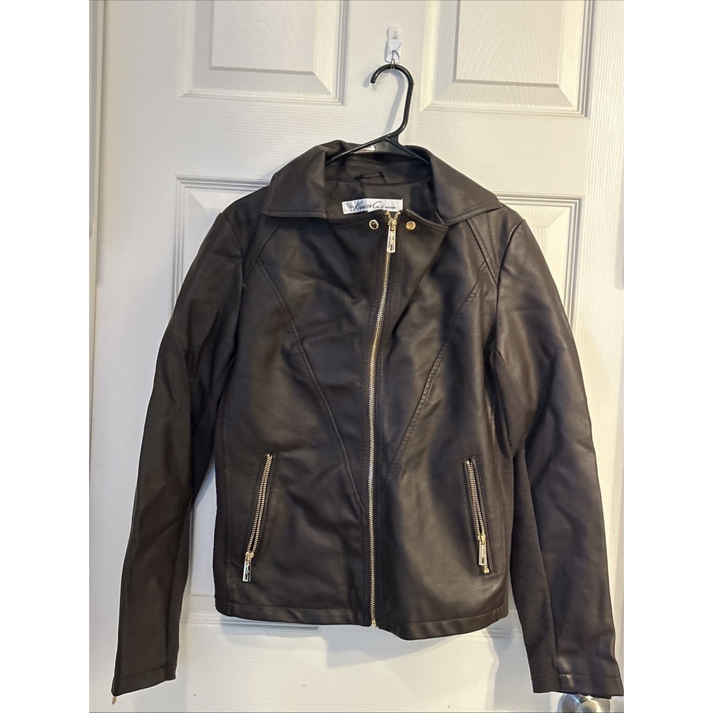 Kenneth Cole Reaction Womens  Moto Jacket‎ Size S Dark Brown Faux Leather Zipper